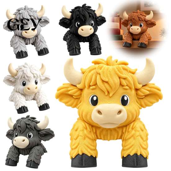 Fun Workspace Gadgets for Men Cute Highland Cow Monitor Figurine, 3D Printed Animal Sitting on Adorable Desktop Companion Computer Screen Edge