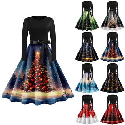 Женское винтажное классическое платье с воротником на талии и галстуком-бабочкой с длинными рукавами и рождественским принтом, с круглым вырезом, свободное платье