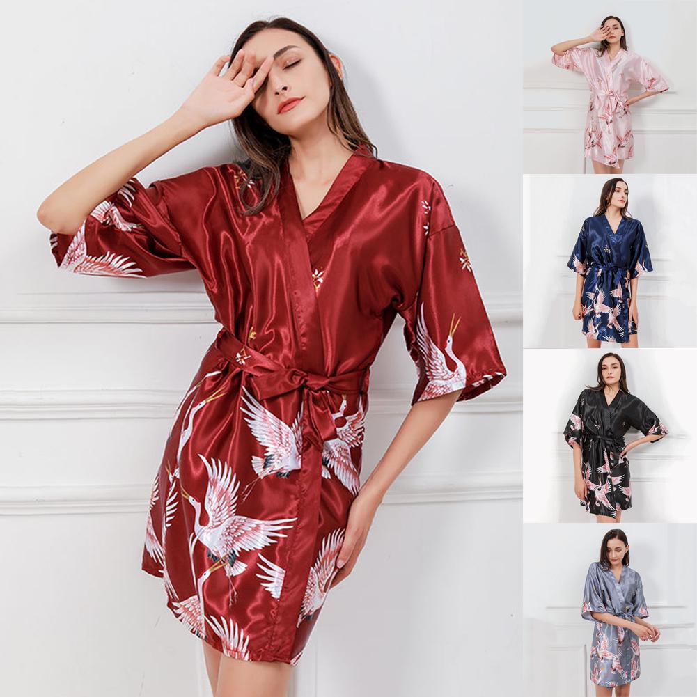 Puntos Summer Ice Silk Fabric Women Lady Nightgown Flower Print Short Bathrobe