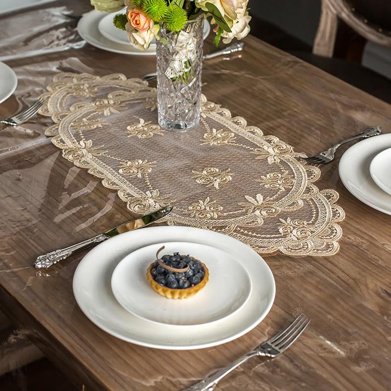 190cm transparent pvc tablecloth with gold lace waterproof oil tablecloth table crystal plate embroidered plate embroidered tablecloth | tablecloths (