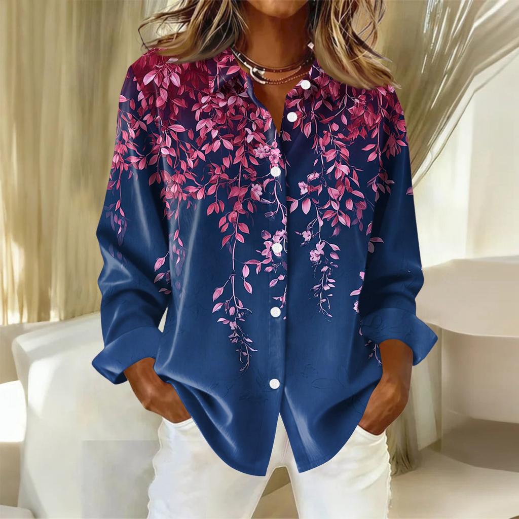 Женская рубашка с пуговицами с цветочным принтом, повседневная рубашка с длинными рукавами, блузки, повседневные базовые топы больших размеров