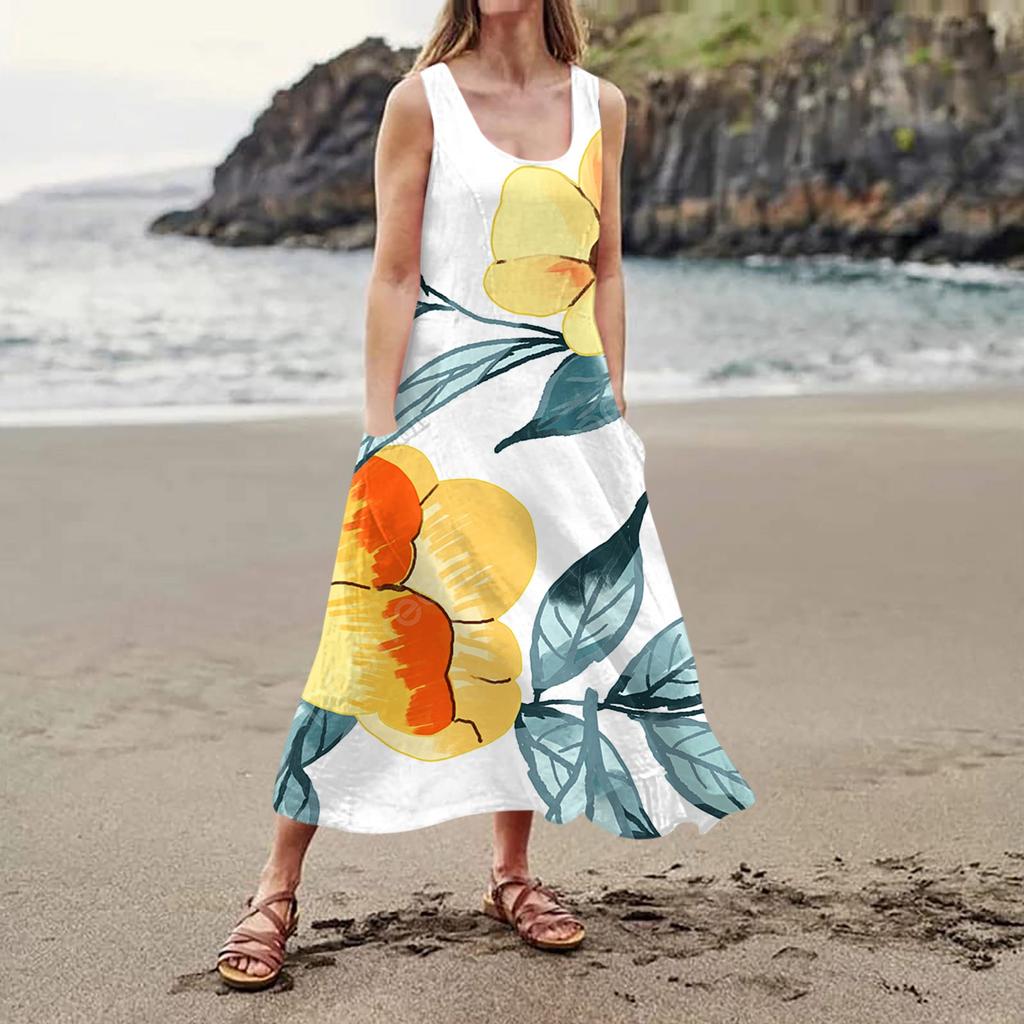 Женское повседневное удобное хлопковое карманное платье без рукавов с цветочным принтом