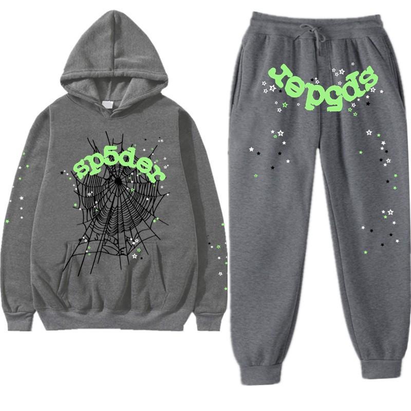 Couple Spider Web Letter Print Hooded Sweatshirt Fleece Track Pants Set Streetwear Teens