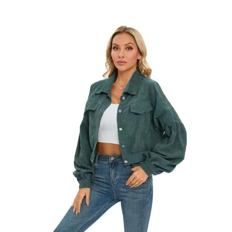 Женская повседневная вельветовая куртка с лацканами, осенне-зимняя однобортная короткая куртка с рукавами-фонариками