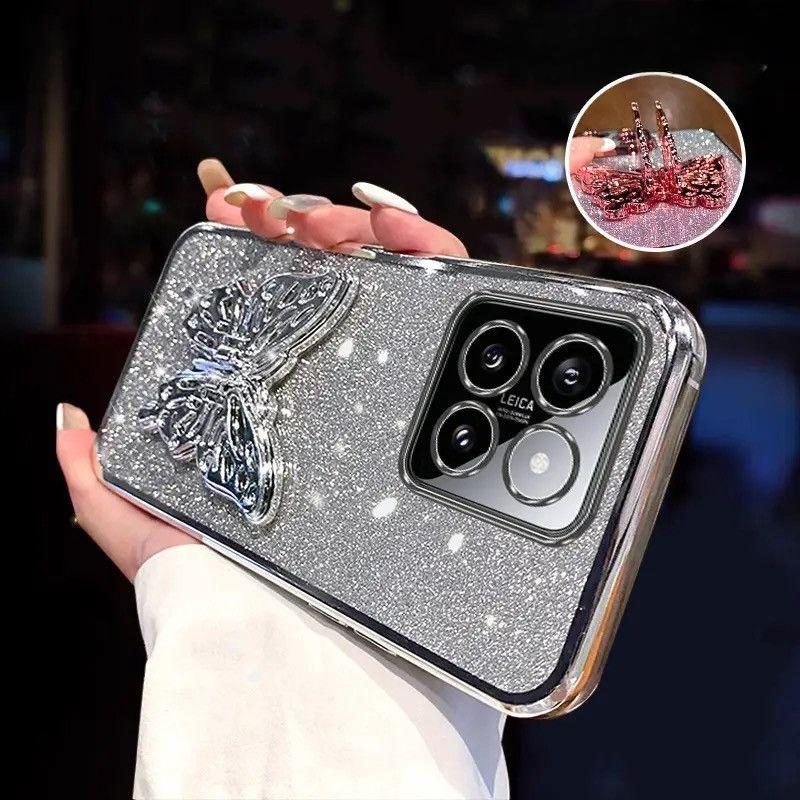 3D Держатель для телефона в виде бабочки, Хрустальный браслет, Чехол с блестящим покрытием для Xiaomi Mi 14 Ultra 13 12 11 Lite Pro, Задняя крышка
