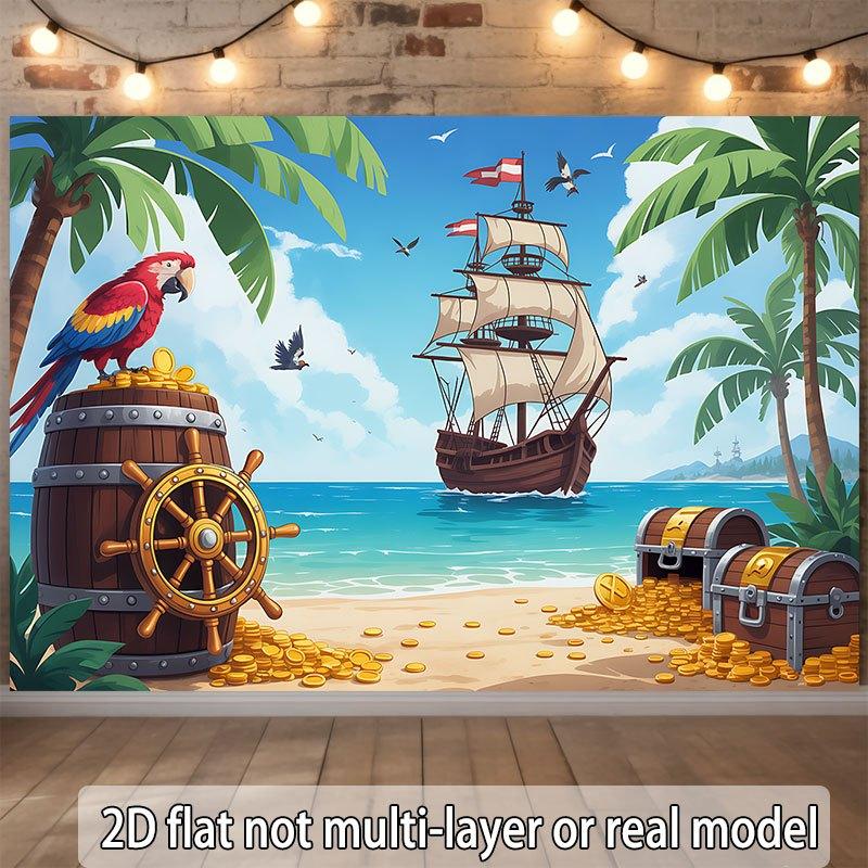 2D flat banner, 1 piece. Horizontal banner depicting a pirate parrot sitting on a treasure bucket, at a party.