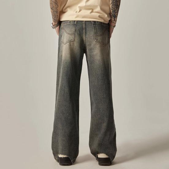 Мужские джинсы Градиент контрастного цвета Широкие штаны Свободные High Street Ретро Хип-хоп Прямые карманы полной длины с застежкой-молнией на пуговицах Мужские длинные джинсовые брюки
