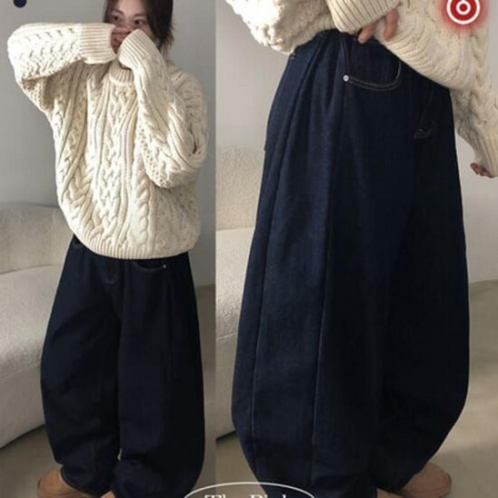 The Pink Women Side Pleated Denim Wide Pants Dark Blue