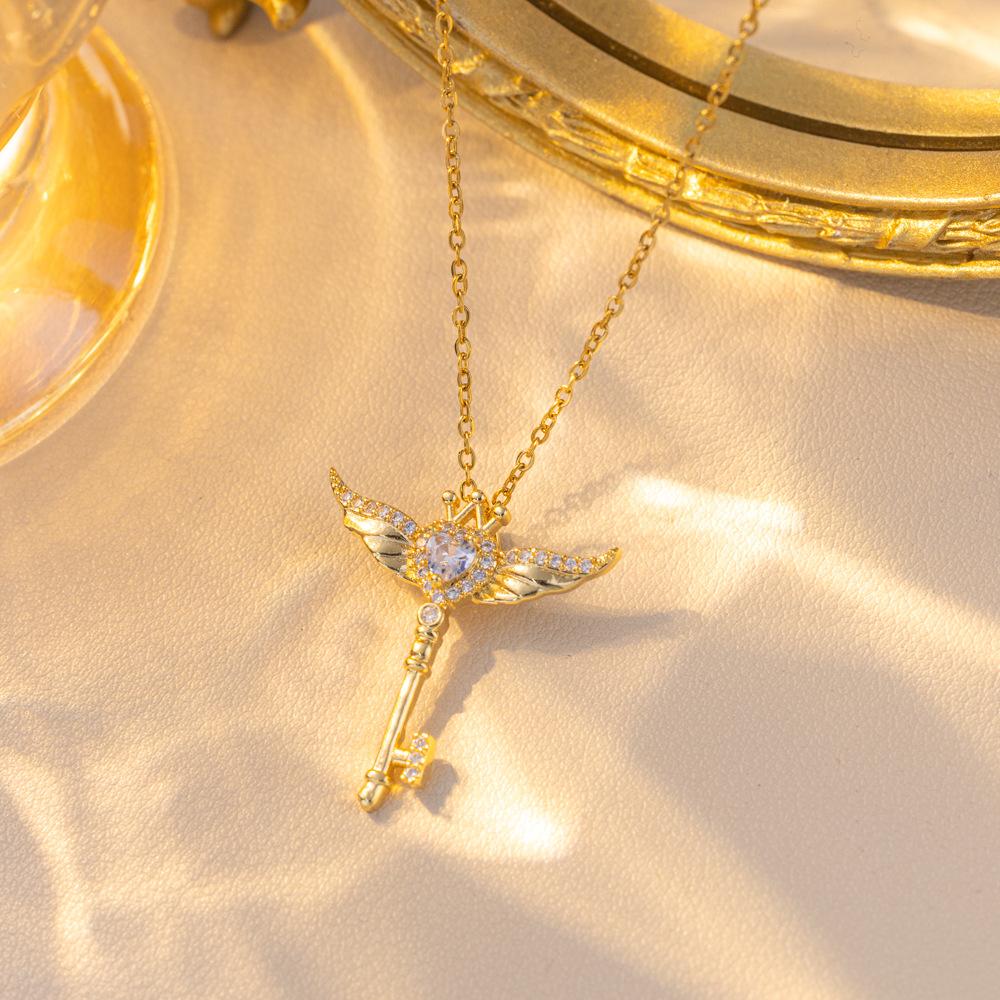 Diamond‑Inlaid Angel‑Wings‑And‑Key Women Necklace, Light‑Luxury Versatile‑Designed High‑End‑Texture Collarbone Neck Accessories