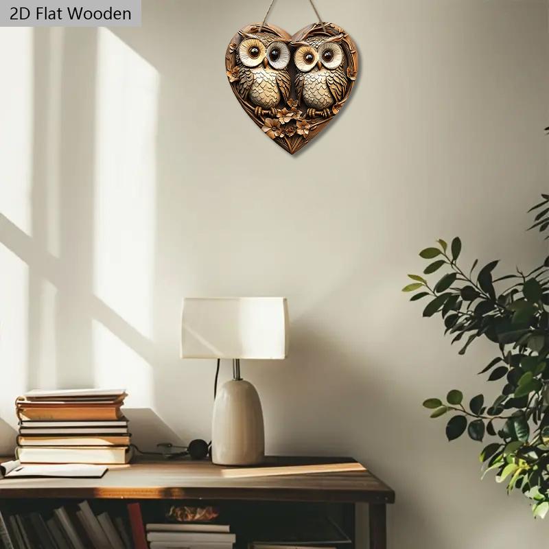 Vintage Couple Owl Wooden Sign with Heart-shaped, Love Ornament for Front Door Wall Hanging Decor, Ideal Home Ornament