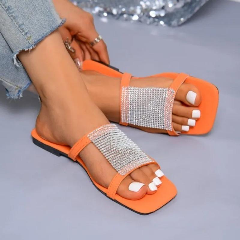 Fashion Internet Celebrity Ladies Flat Slippers New Starry Colorful Rhinestones Fashion Word with Outdoor Leisure Beach Summer Slippers