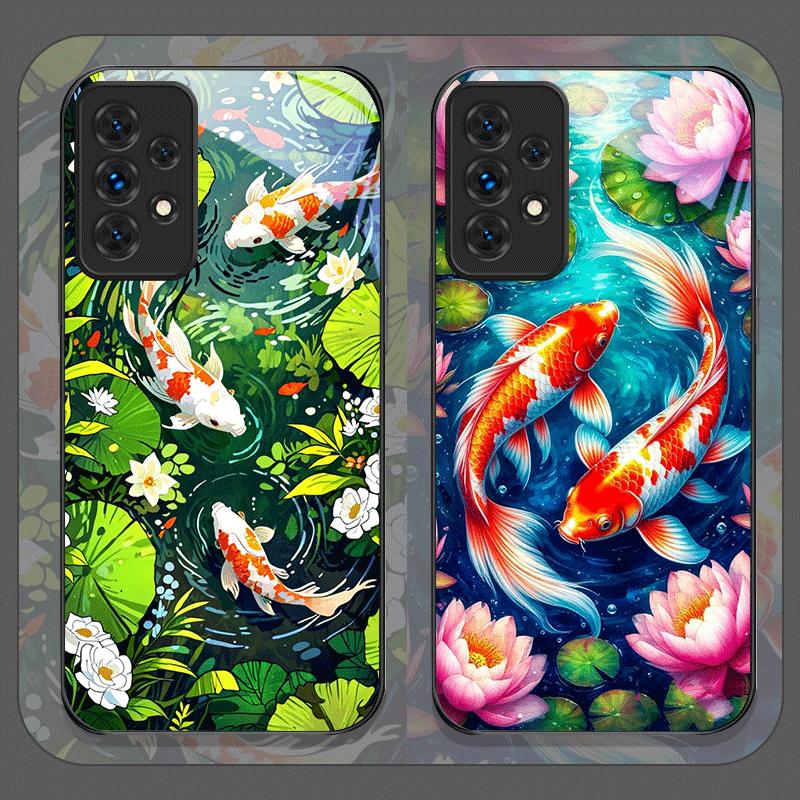 Роскошный Чехол из Закаленного Стекла с Рисунком Цветка Лотоса и Рыб Кои для Samsung Galaxy A06 A72 A55 A54 A53 A52 A36 A15 A14 A13 Чехлы