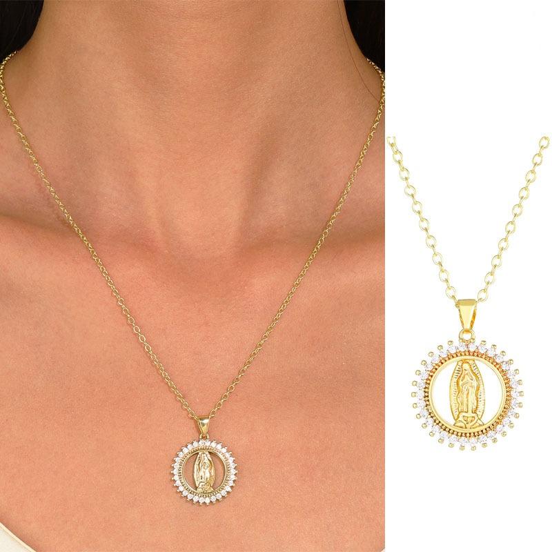 (Медь с микропокрытием) Ожерелье с портретом Девы Марии для женщин с креативным дизайном и круглой подвеской из циркона