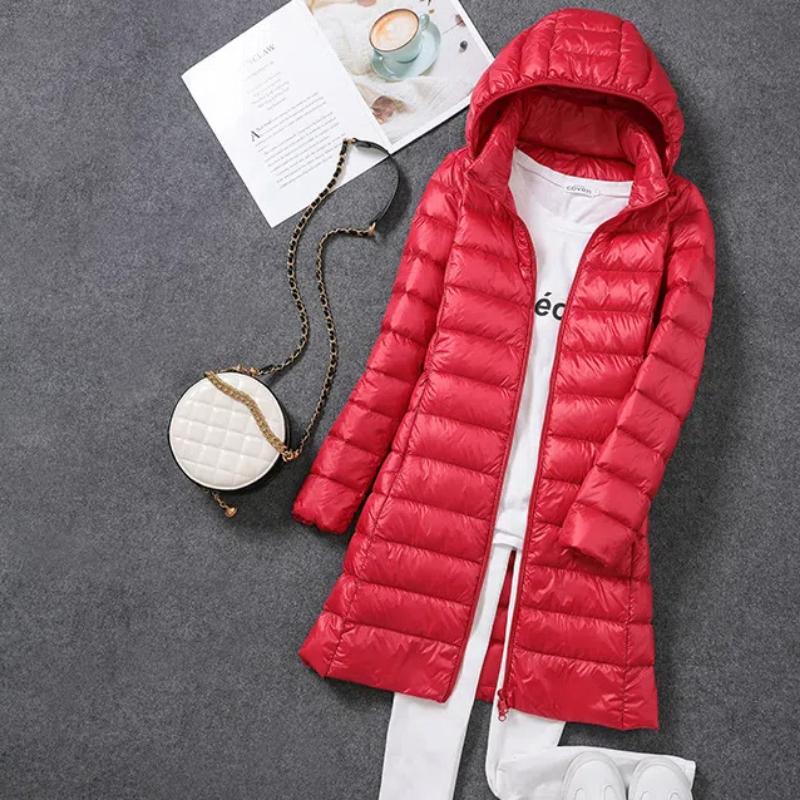 Новая легкая пуховая куртка для женщин на осень и зиму, длинная, из белой утиной ткани, корейская версия, легкая ветровка, тонкая куртка со съемной шапочкой, теплая куртка.