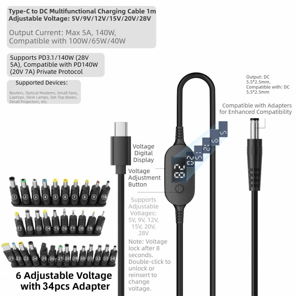 Цифровой дисплей USB C на DC 5525 Конвертер PD 140 Вт Зарядный кабель для Wi-Fi роутера