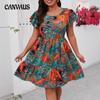Плюс Размер Женщин Принт Талия Укороченный Короткий Рукав Модные Повседневные Платья