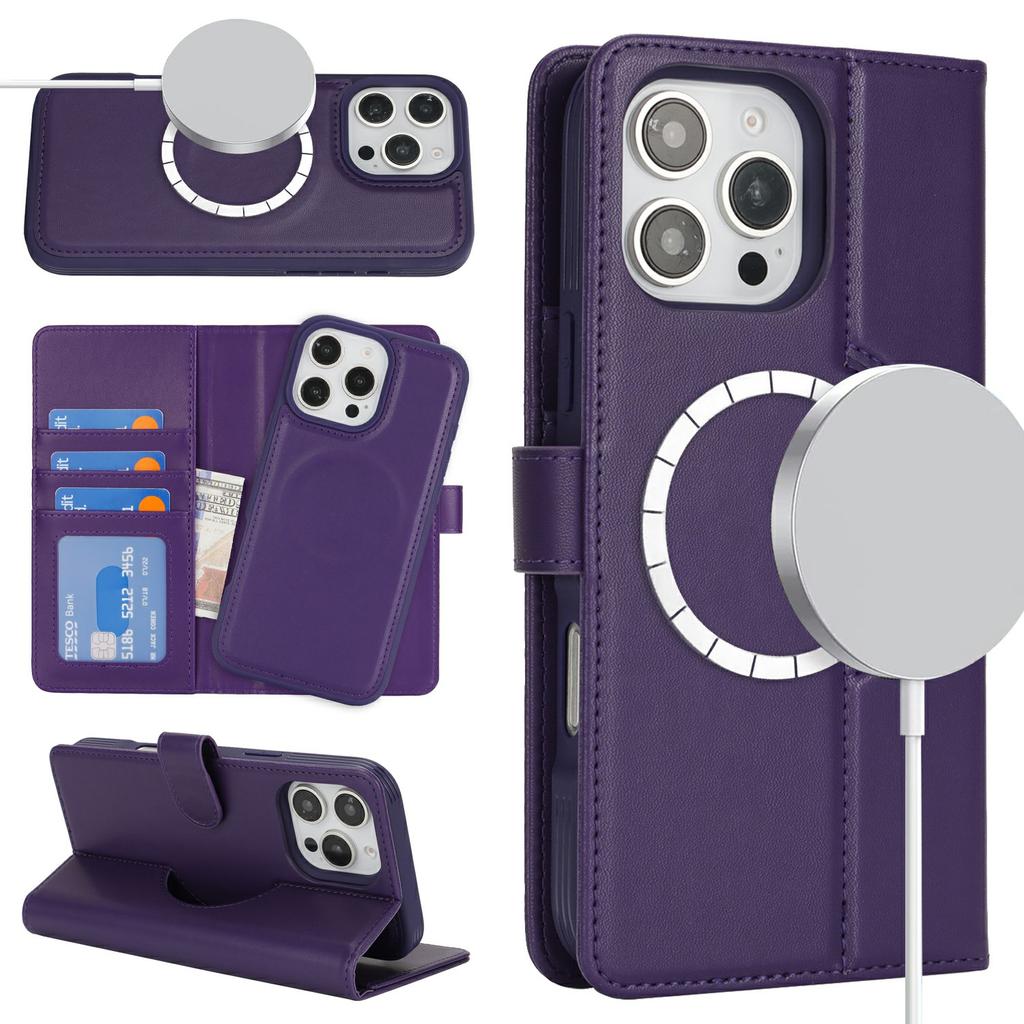 For iPhone 16 Pro Wallet Case Compatible with MagSafe Anti-Drop Detachable PU Leather Phone Cover