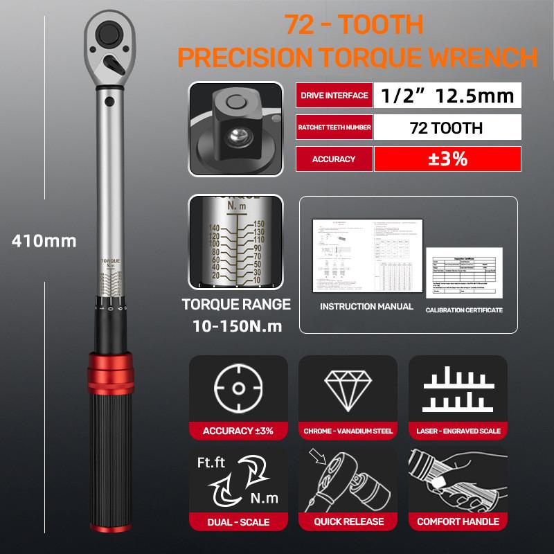 /4'' 3/8'' 1/2'' 1Industrial Dual-Direction Adjustable 72-Tooth Ratchet Handle Drive Click Torque Wrench Upgraded Torque Wrench