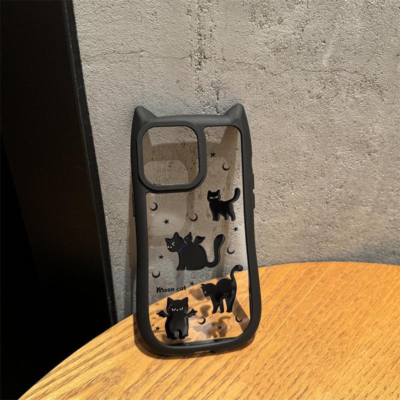 Cartoon Cat Ears Bezel Cute Little Black Cat Acrylic Phone Case for iPhone 15 Pro Max 14 Plus 13 12 Pro 11 All-inclusive Fall Protection Cover