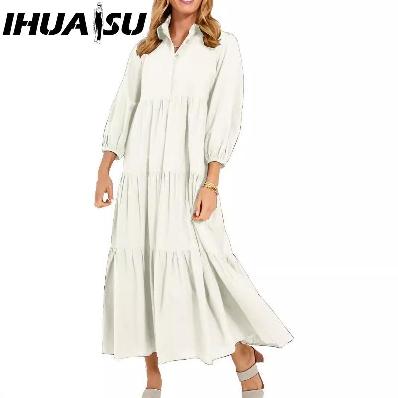 IHUASU Женская мода весна осень сплошной цвет печати с длинным рукавом ПОЛО шеи Высокая талия повседневные платья