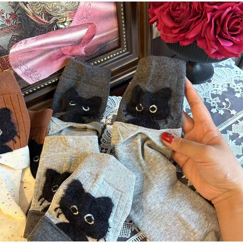 Осенне-зимние носки до середины икры с рисунком кота 'Peekaboo', кавайные, милые, теплые, хлопковые, для дома, сна, мягкие, удобные, для повседневной носки, подарок
