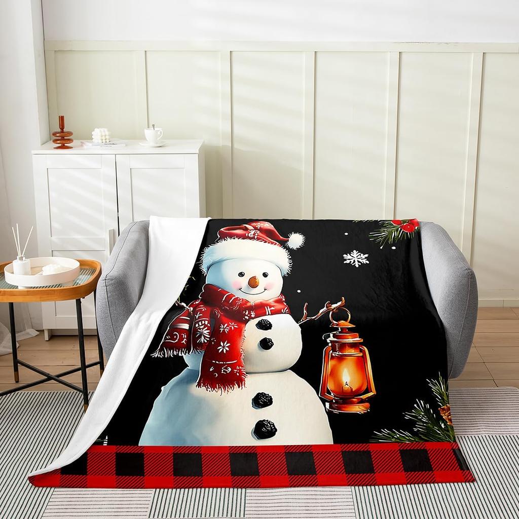 Winter Snowman Throw Blanket Cartoon Farmhouse Rustic Style Flannel Blanket for Kids Teens Adults Watercolor Pine Trees White