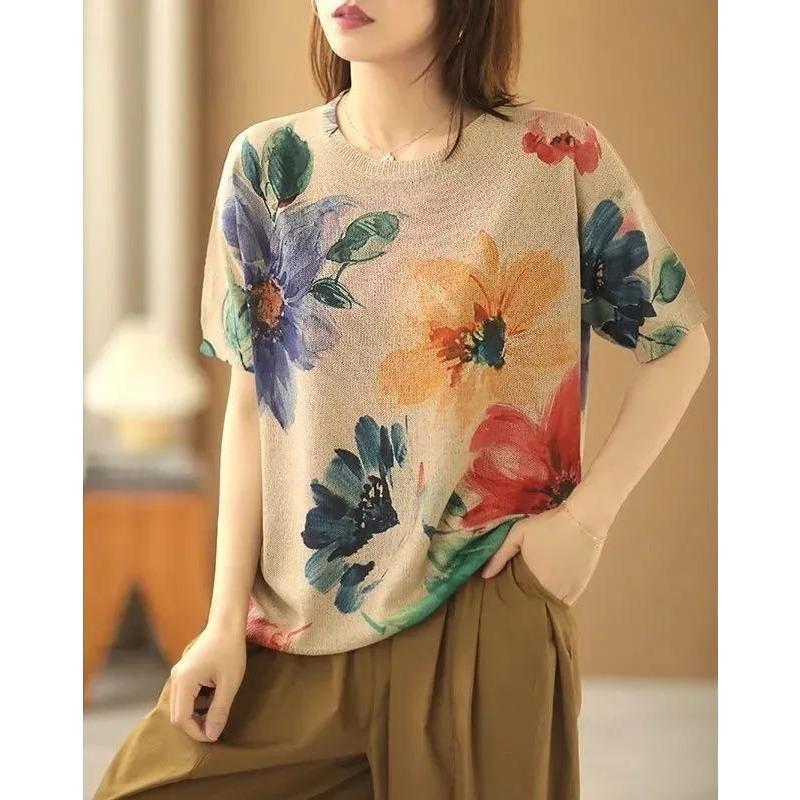 Harajuku Ретро женская летняя и осенняя модная одежда с винтажным цветочным принтом и круглым вырезом, вязаные свитера с короткими рукавами, женские свободные пуловеры
