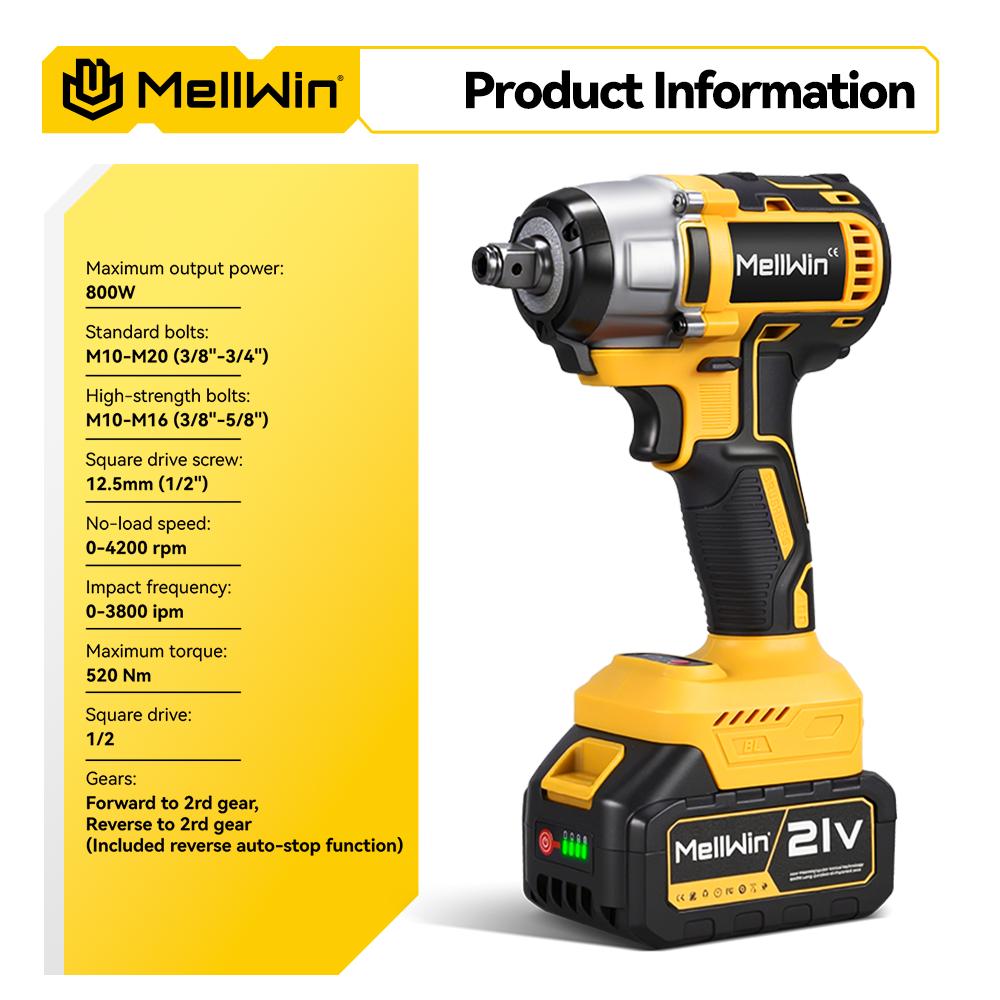 MELLWIN Бесщеточный электрический гайковерт 520 Н·м 3-в-1 Аккумуляторный ударный гайковерт Электрическая отвертка Дрель Для аккумулятора Makita 18 В Штифтовый