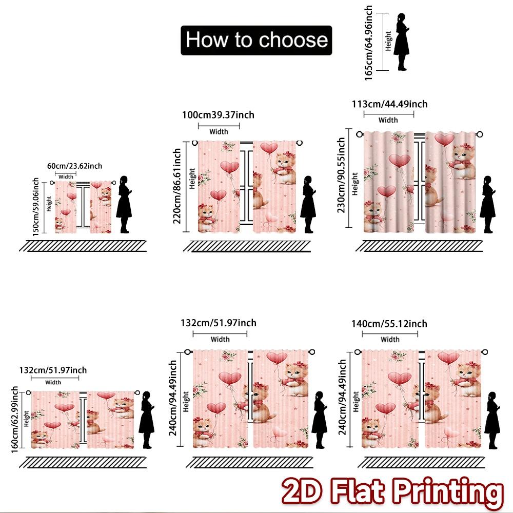 2D flat printing 2pcs Curtain Scene Curtain Valentine's Day Cute Kittens Digital Printed Polyester Drapes Festive Wall Decor for