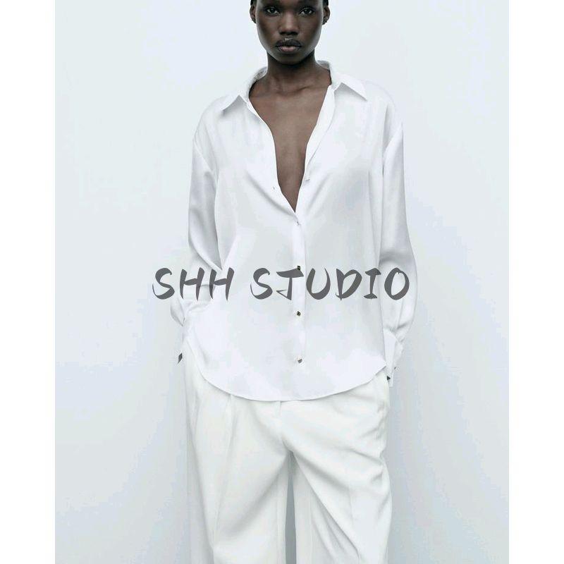 Spring New Women's Clothing French Style Retro Lapels Long Sleeves Minimalist Easiest for Match Silk Satin Textured Shirt 2074580