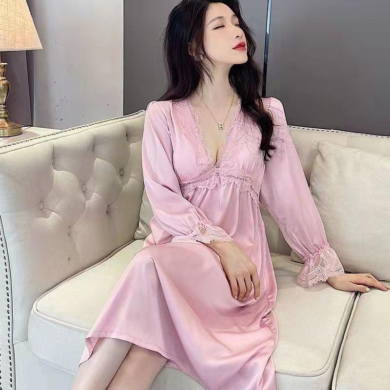 Court pure desire wind ice silk nightdress summer new long-sleeved thin v-neck French loungewear silk sexy