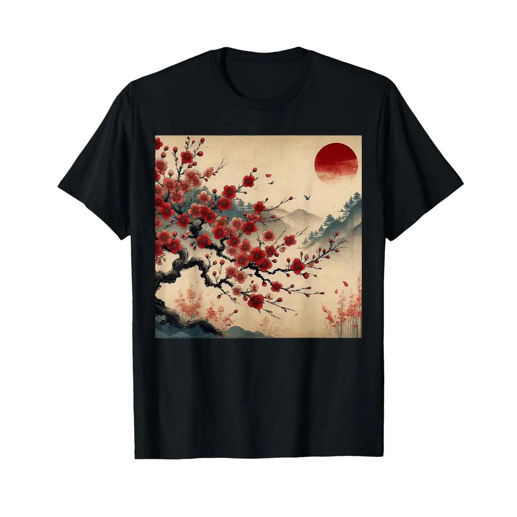 Vintage Cherry Blossom Woodblock T Shirt Japanese Al Art Vintage Comfortable Stylish Versatile Slightly Stretched Homme