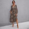 New Retro Women's Clothing Leopard Print Ruffle Edge Long-sleeved Dress Medium and Long