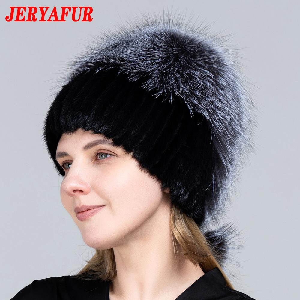 JERYAFUR Женская зимняя меховая шапка из натурального меха, вязаная меховая шапка с помпоном из норки и лисы с шариками, стильная теплая модная шапка для девочек, шапка