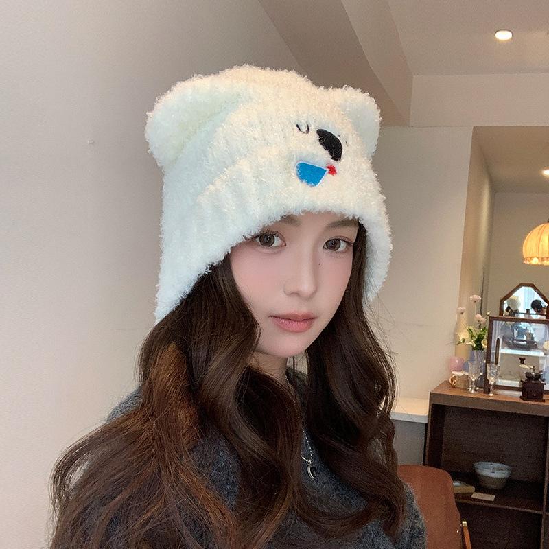Autumn Winter Hat Women Bear Ear Protection Cap Plush Warm Knitted Wool Hat