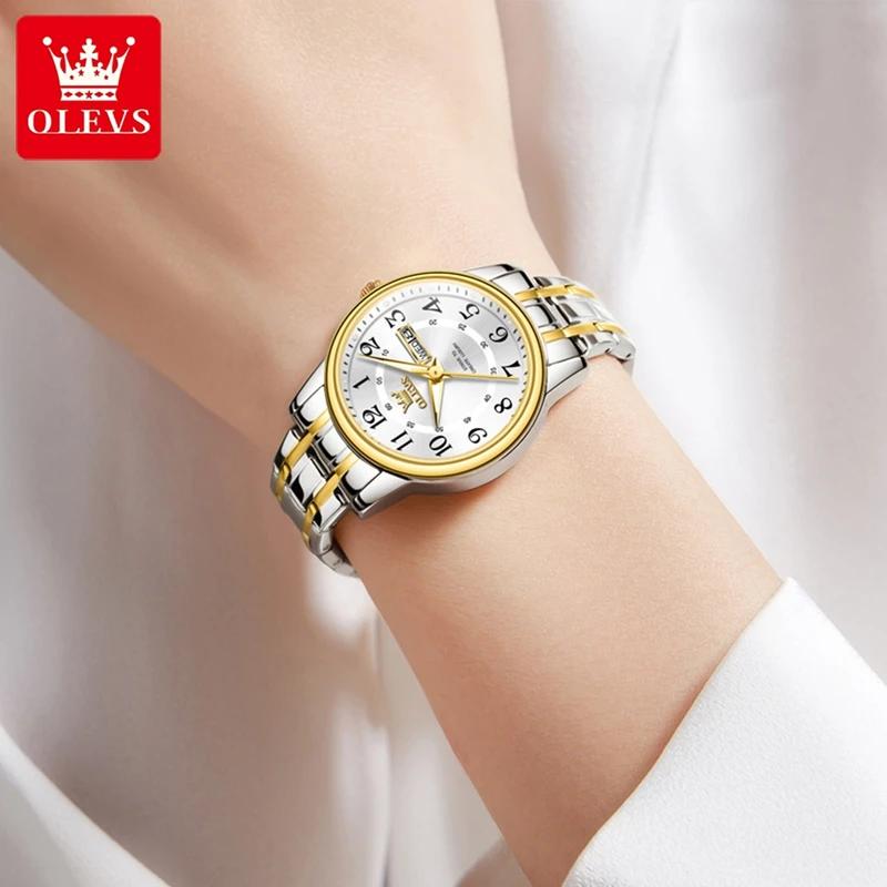 OLEVS Кварцевые часы для пары мужчин и женщин, светящиеся наручные часы с календарем из нержавеющей стали с ромбовидным ремешком, наручные часы