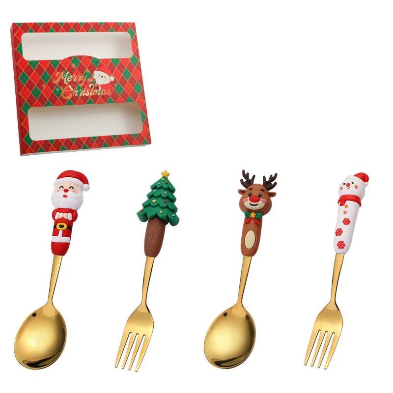 Рождественский набор ложек Креативный набор посуды Мультяшная рождественская елка Десертная ложка Вилка Подарочная коробка