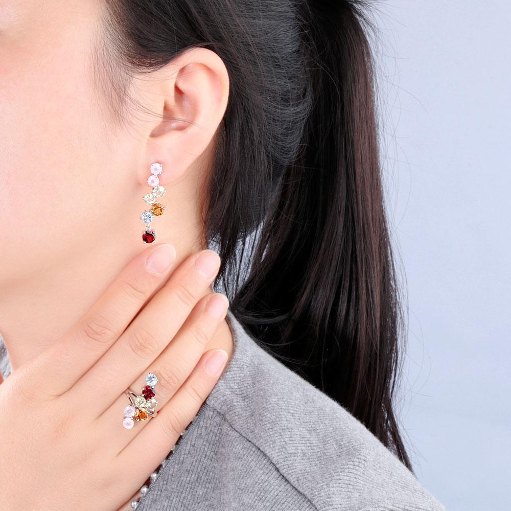 2023 Натуральные необычные цветные драгоценные камни Кольцо Серьги Комплект ювелирных изделий Стерлингового серебра 925 пробы Ювелирные изделия Женский подарок на юбилей, вечеринку, день рождения