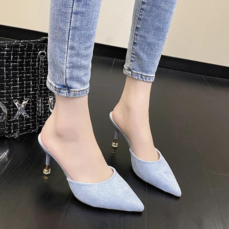 Fashion Shoes for Women Fashion Closed Toe Slingbacks Women's Slippers Spring Pointed Toe Shallow Solid Stilettos or Thin Heels Slippers