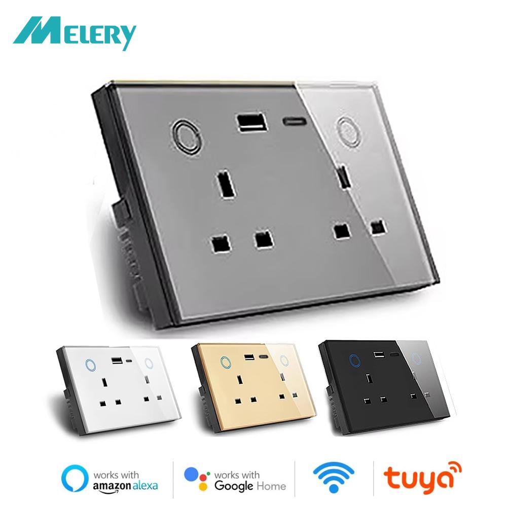Melery Smart Tuya WiFi Dual UK Socket USB Type-C PD 20 Вт Сенсорное управление,Голосовое управлениеМониторинг электроэнергии, Alexa Google Home