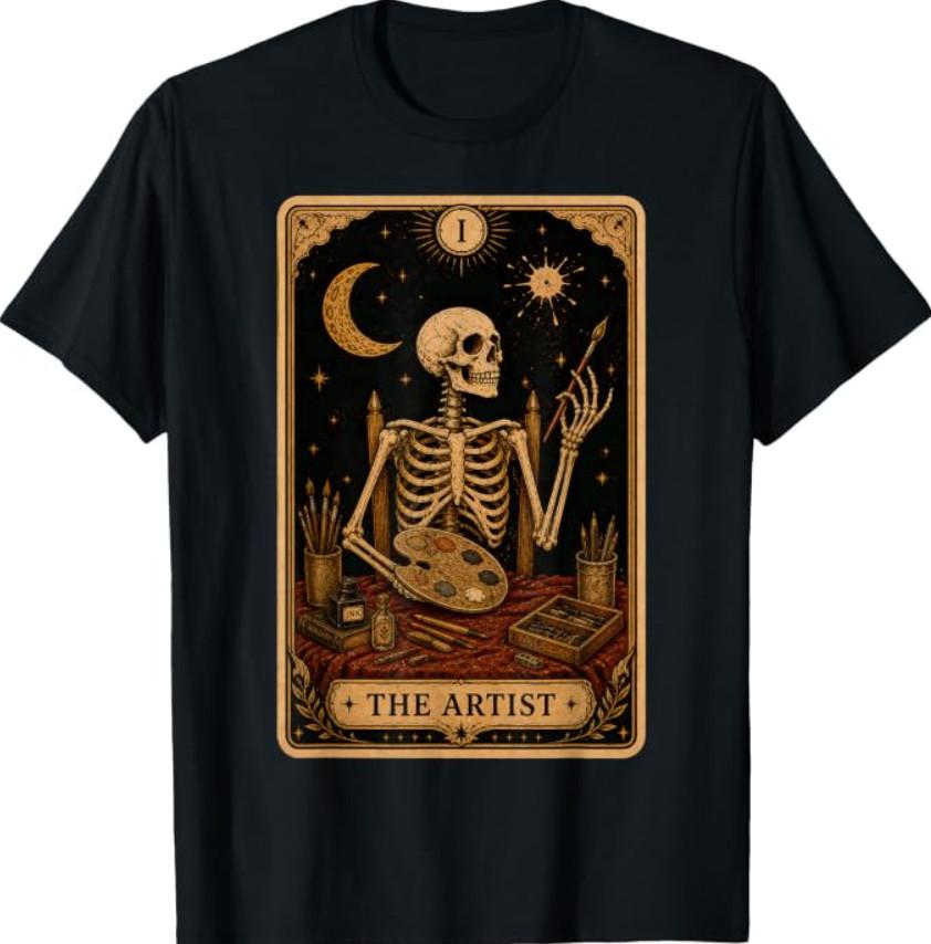 Funny Skeleton The Artist Tarot Card Art Teacher Halloween T-Shirt