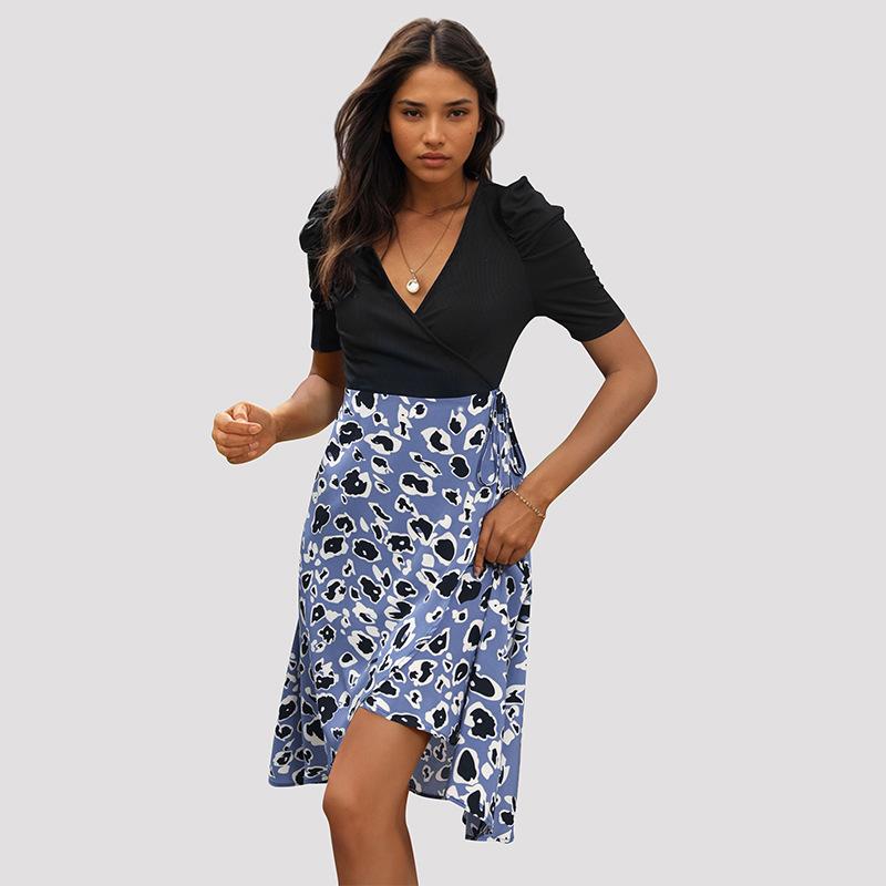 Женская мода лето весна с коротким рукавом V-образным вырезом с высокой талией повседневные платья