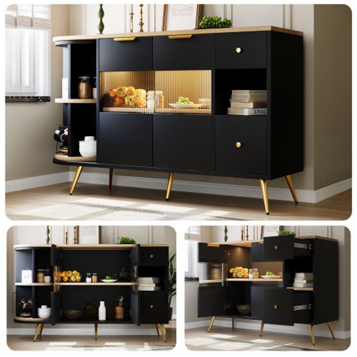 Buffet - MUVOE - Noir - 130 Cm - Éclairage LED - Verre Coulissant