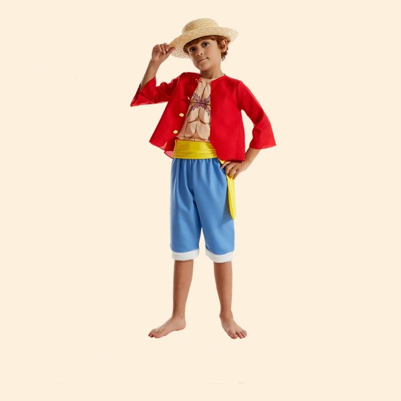 Luffy Cosplay Costume Anime Piece Coat Pants Hat for Kids Children Beach Clothing Halloween Carnival Party Role Play Suit
