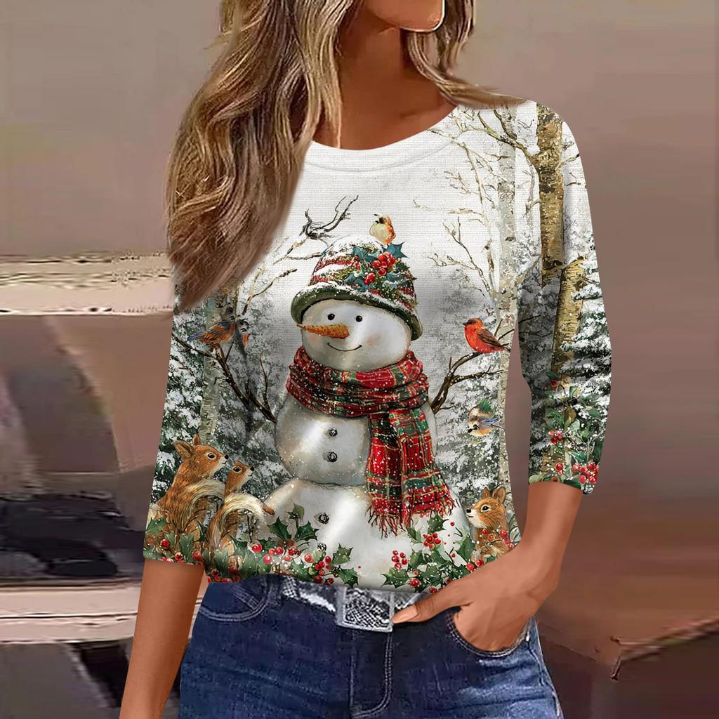 Women's Fashion Casual Three-quarter Sleeve Christmas Printed  Neck Top