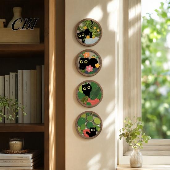 Warm Wood Grain Texture 4PCS Black Cat Wall Sign, with Art, Scratch-Resistant Sun-resistant Hanging Home Decor, Nordic Retro Style for Nursery Bedroom
