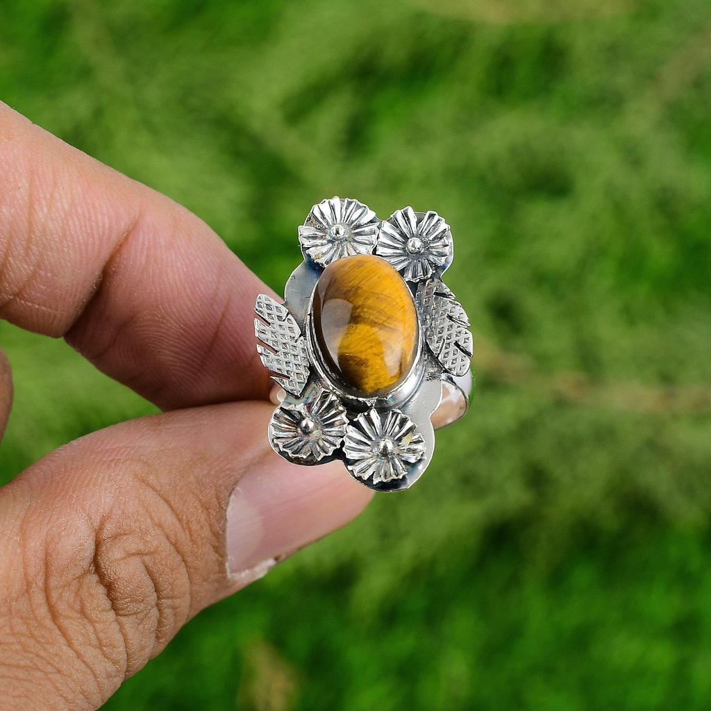 Natural Tiger'S Eye Multi Stone Flower Adjustable Ring 925 Silver For Girls