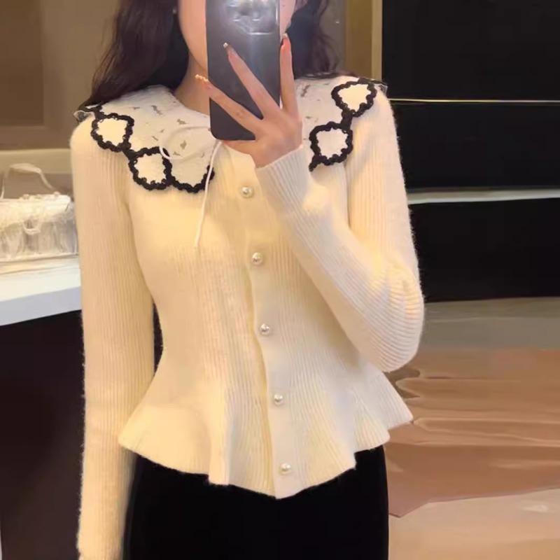 Spring and Autumn Lace Doll Collar Bright Silk Soft Waxy Knitted Cardigan Women's Waist Sweater Women's Top Cover