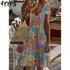 Women's Fashion Summer Spring Print Short Sleeve V-Neck Loose Waistline Casual Dresses