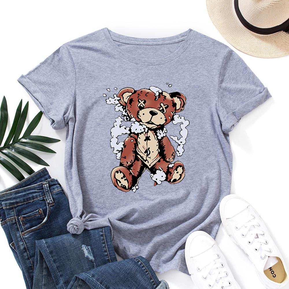 Мультяшная хлопковая футболка с медведем, с коротким рукавом, мягкая футболка, круглый вырез, женские топы с 2D-принтом